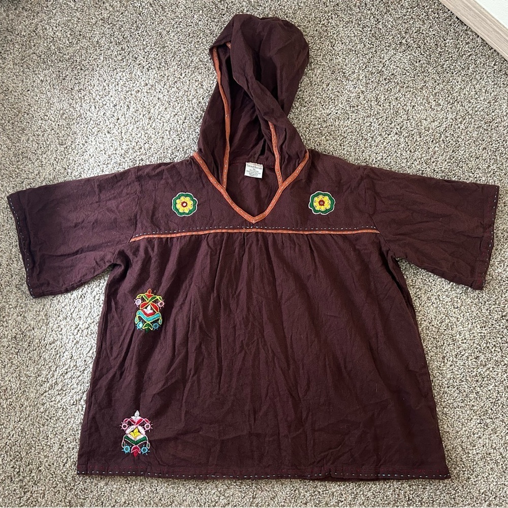 Sacred Threads Brown Embroidered Hood Garment Orange Trim Stitch Womens Size XL